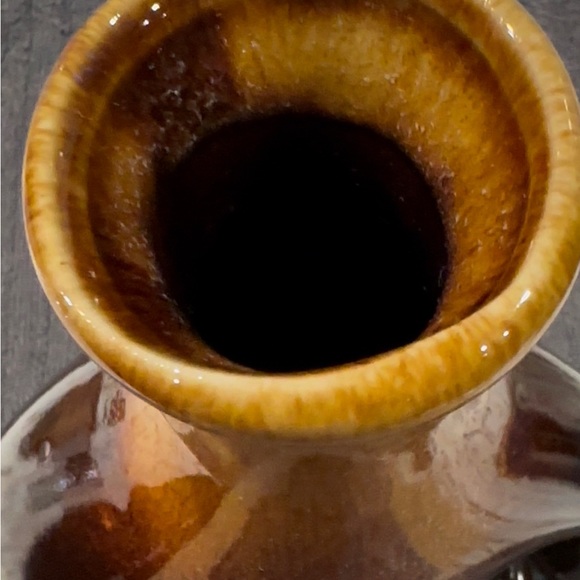 BROWN AND AMBER GLAZED CERAMIC VASE OBLONG DECOR CUTOUT HANDLE.9” - Picture 3 of 6